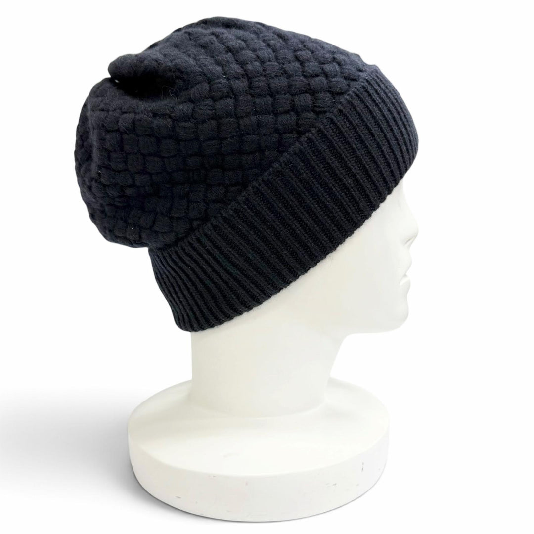 Excellent CHANEL Knit cap Lace knit COCO Mark Camellia motif Dark navy cashmere