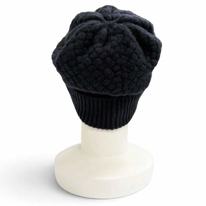 Excellent CHANEL Knit cap Lace knit COCO Mark Camellia motif Dark navy cashmere