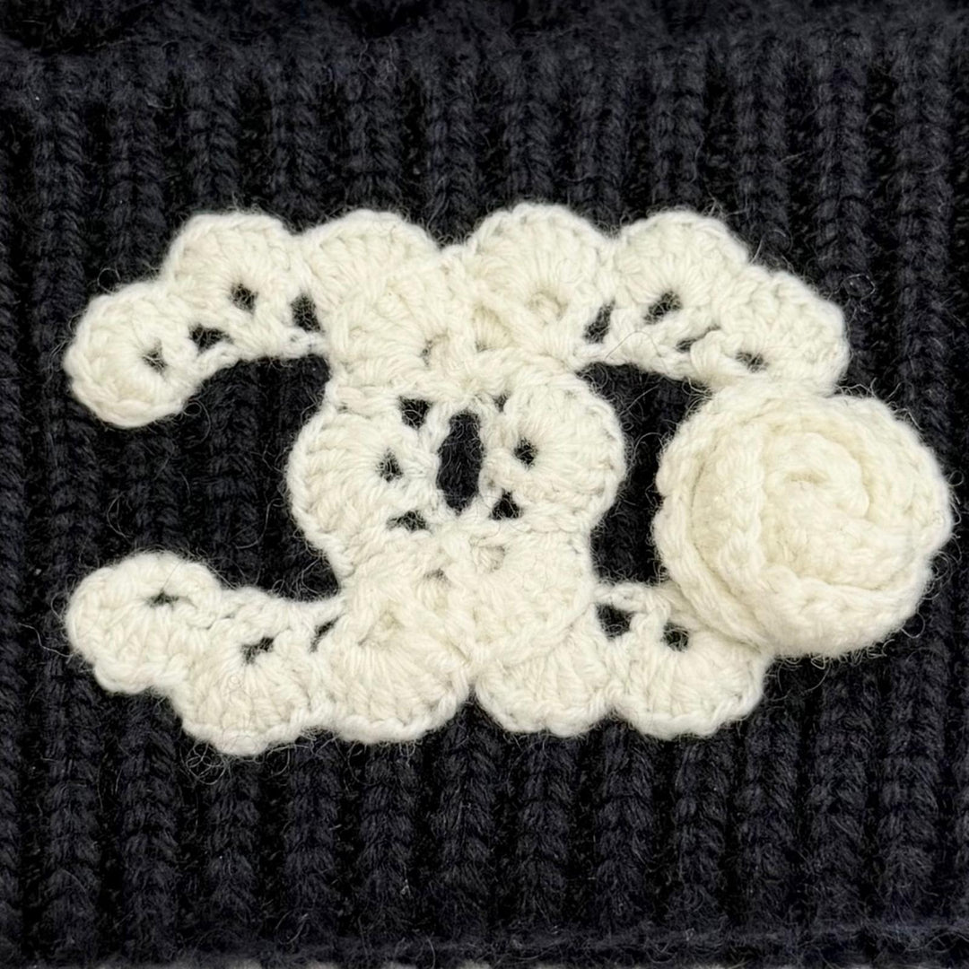 Excellent CHANEL Knit cap Lace knit COCO Mark Camellia motif Dark navy cashmere