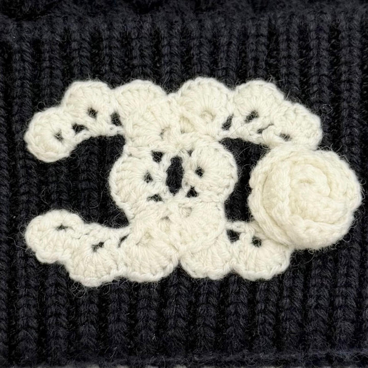 Excellent CHANEL Knit cap Lace knit COCO Mark Camellia motif Dark navy cashmere