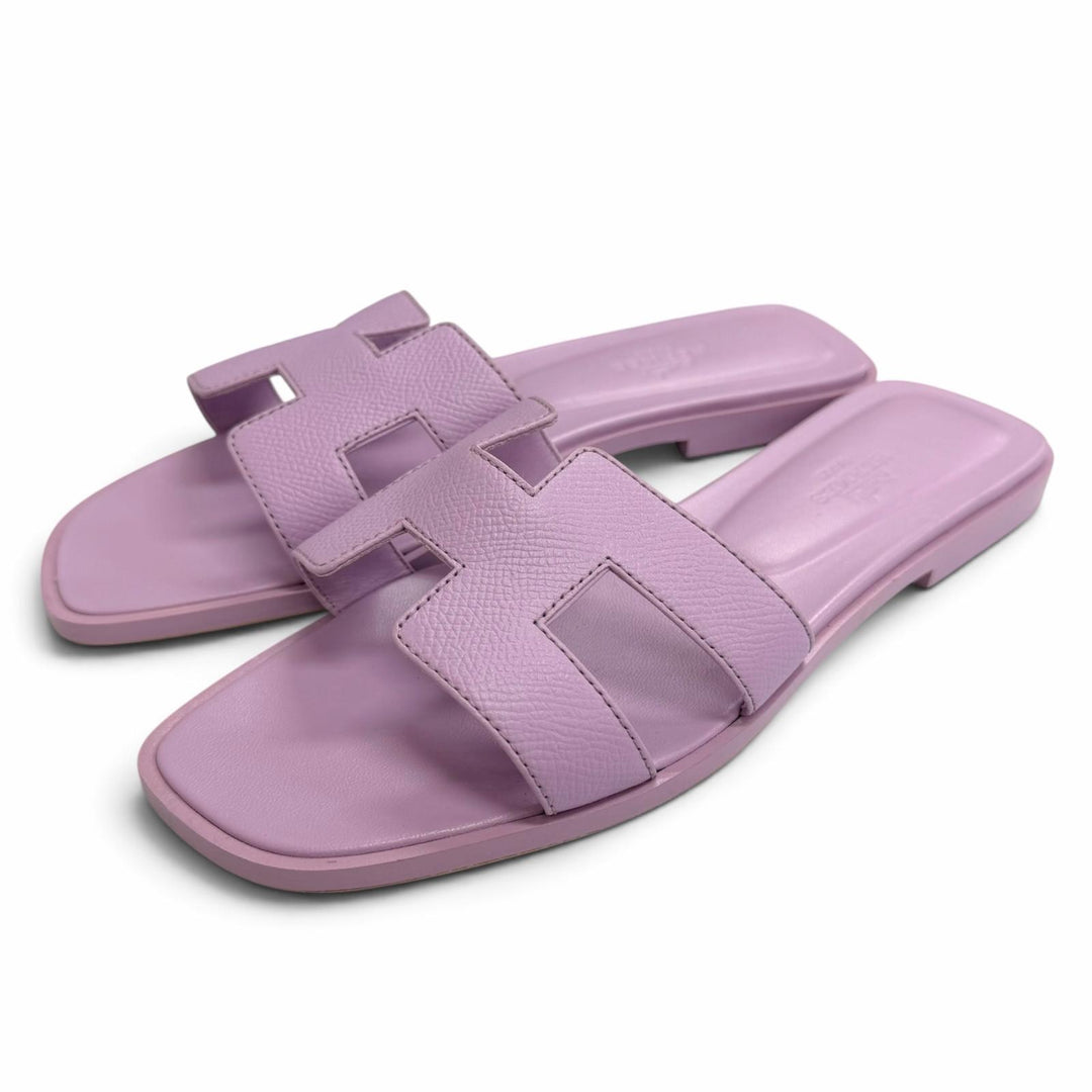 Excellent HERMES Sandals ORAN H-motif flat mules purple leather 36.5 202272Z
