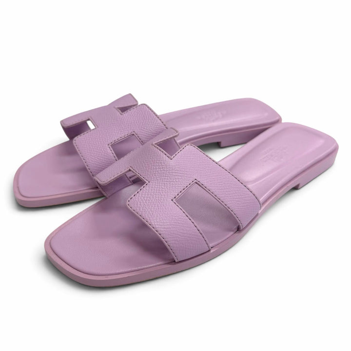Excellent HERMES Sandals ORAN H-motif flat mules purple leather 36.5 202272Z