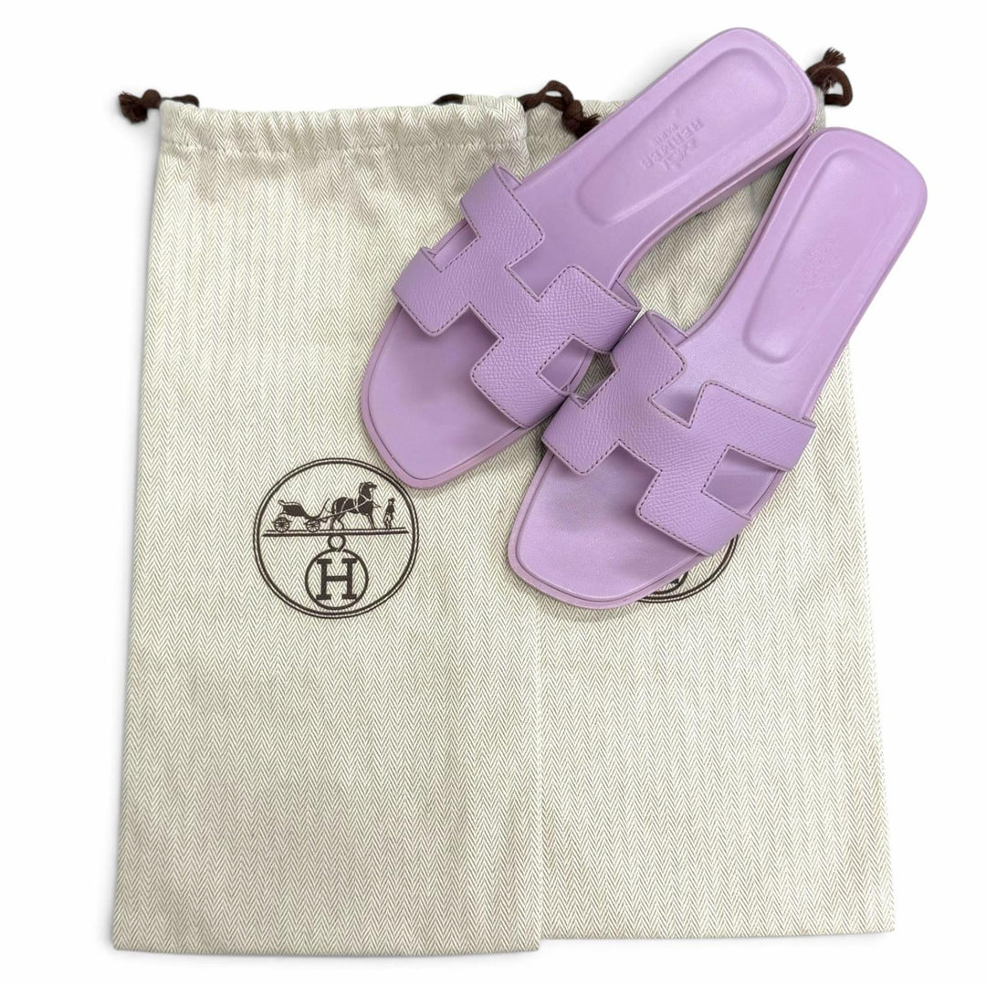 Excellent HERMES Sandals ORAN H-motif flat mules purple leather 36.5 202272Z