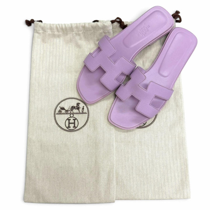 Excellent HERMES Sandals ORAN H-motif flat mules purple leather 36.5 202272Z