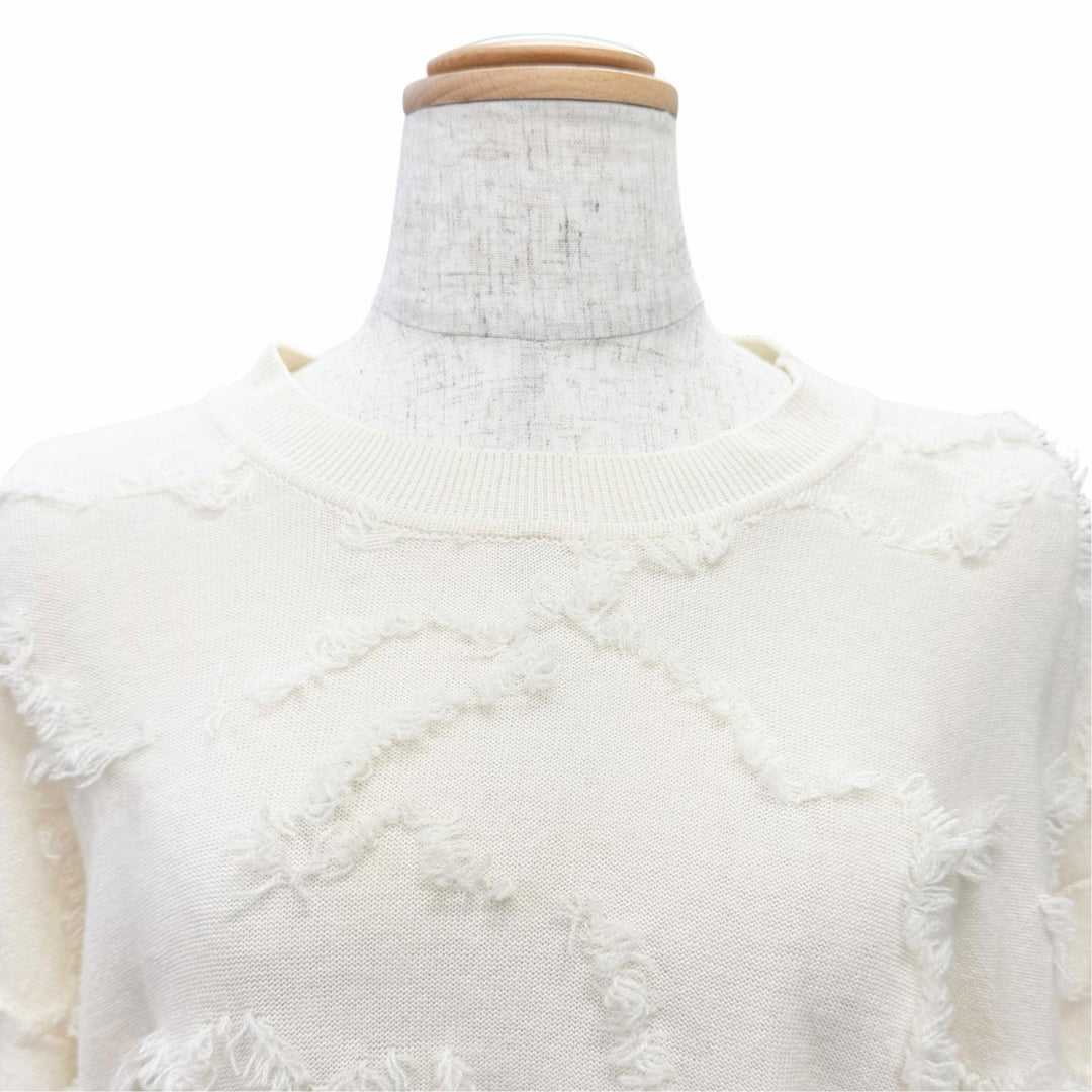 Excellent Christian Dior Logo Mini Fringe Design Knit Sweater Ivory cashmere 40