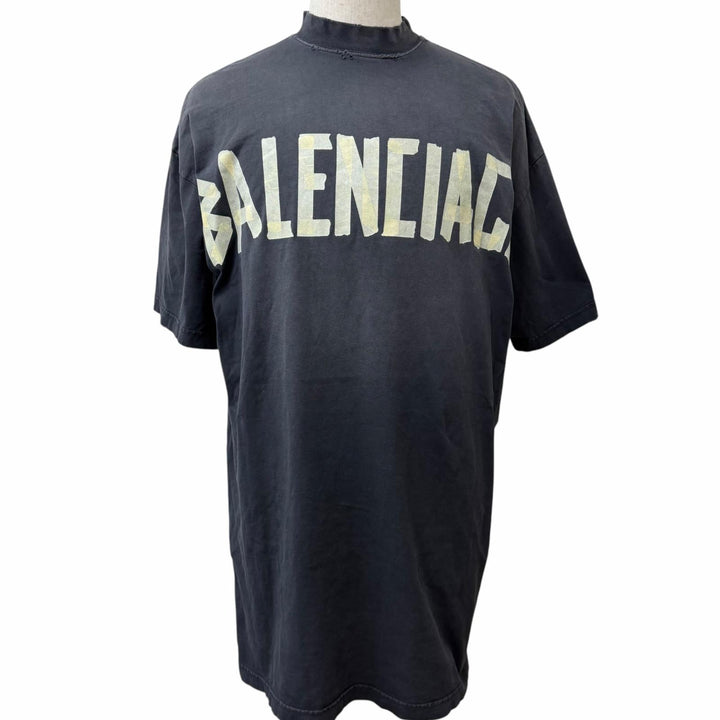 Excellent BALENCIAGA Short sleeve T-shirt Distressed finish tape logo