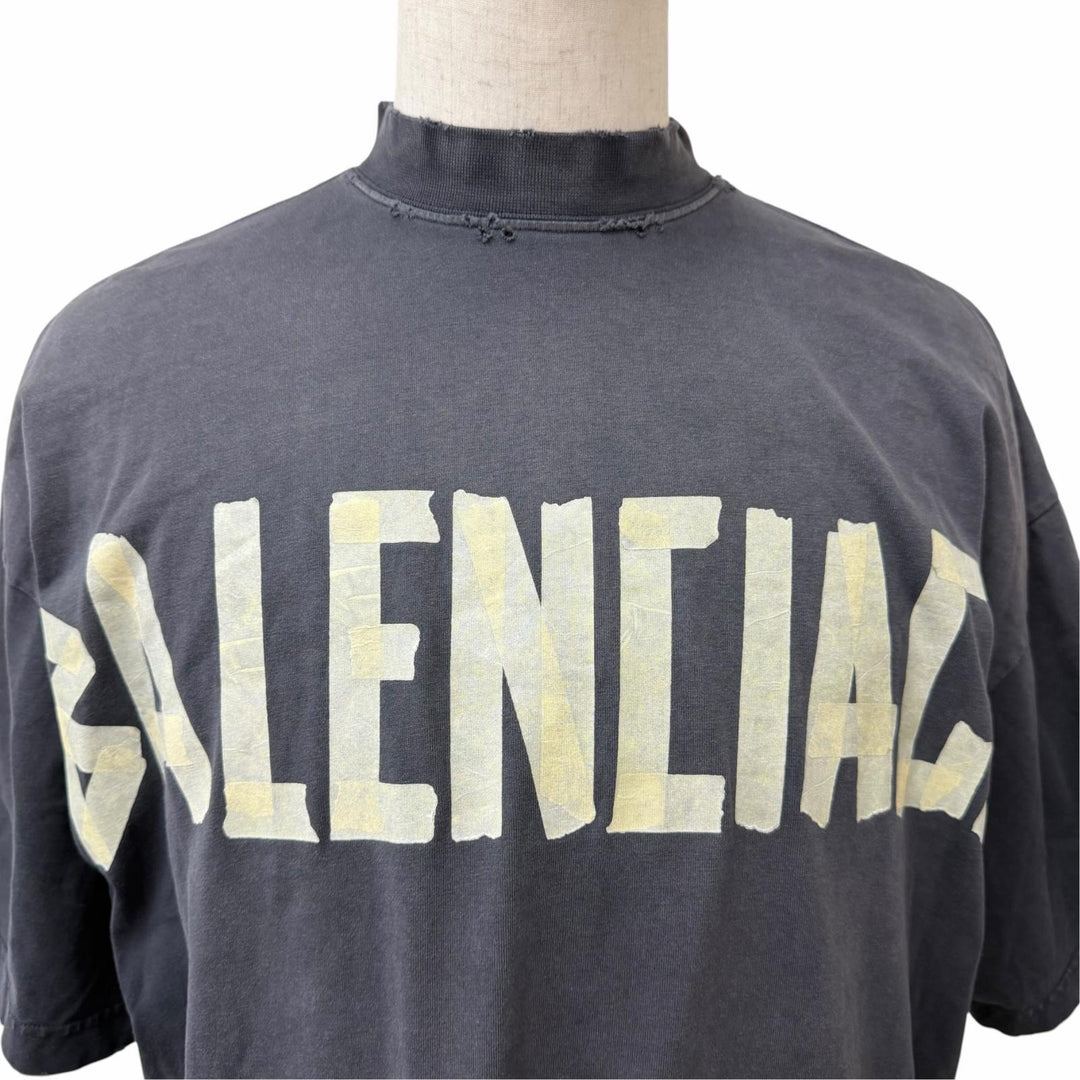 Excellent BALENCIAGA Short sleeve T-shirt Distressed finish tape logo