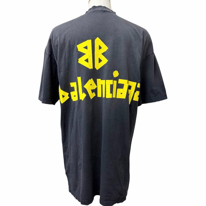 Excellent BALENCIAGA Short sleeve T-shirt Distressed finish tape logo