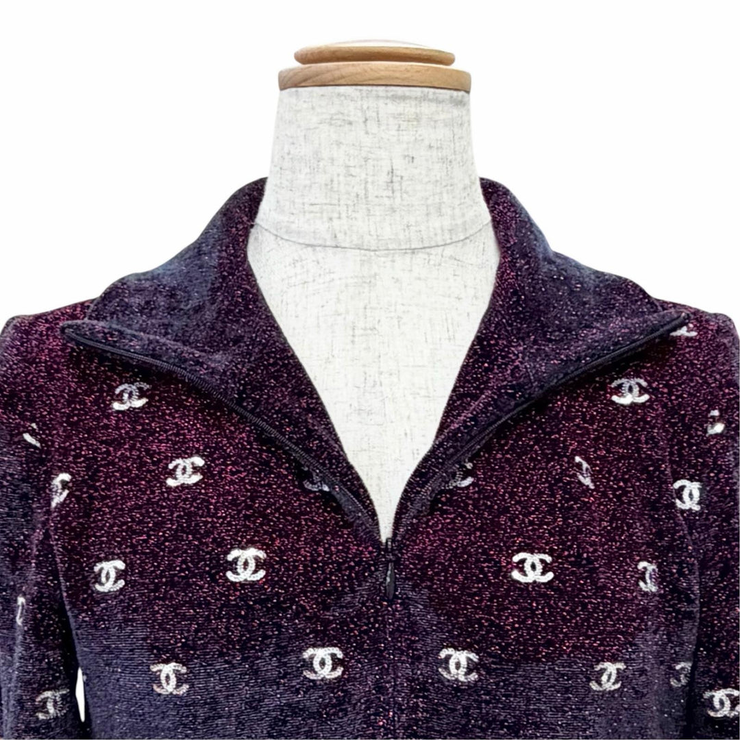 Excellent CHANEL Short sleeve knit COCO Mark Sequin Glitter Half-Zip Bordeaux 36