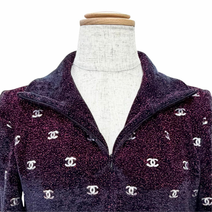 Excellent CHANEL Short sleeve knit COCO Mark Sequin Glitter Half-Zip Bordeaux 36