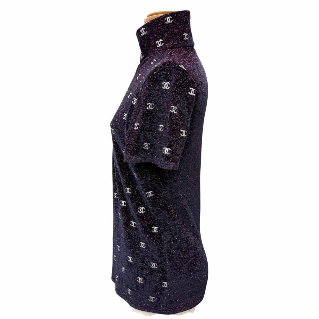 Excellent CHANEL Short sleeve knit COCO Mark Sequin Glitter Half-Zip Bordeaux 36