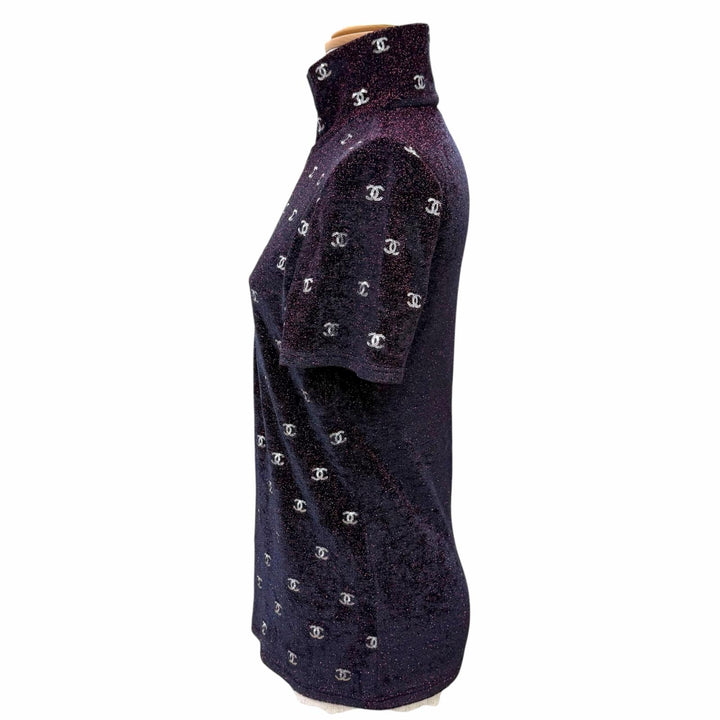 Excellent CHANEL Short sleeve knit COCO Mark Sequin Glitter Half-Zip Bordeaux 36