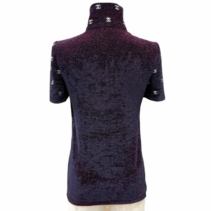 Excellent CHANEL Short sleeve knit COCO Mark Sequin Glitter Half-Zip Bordeaux 36