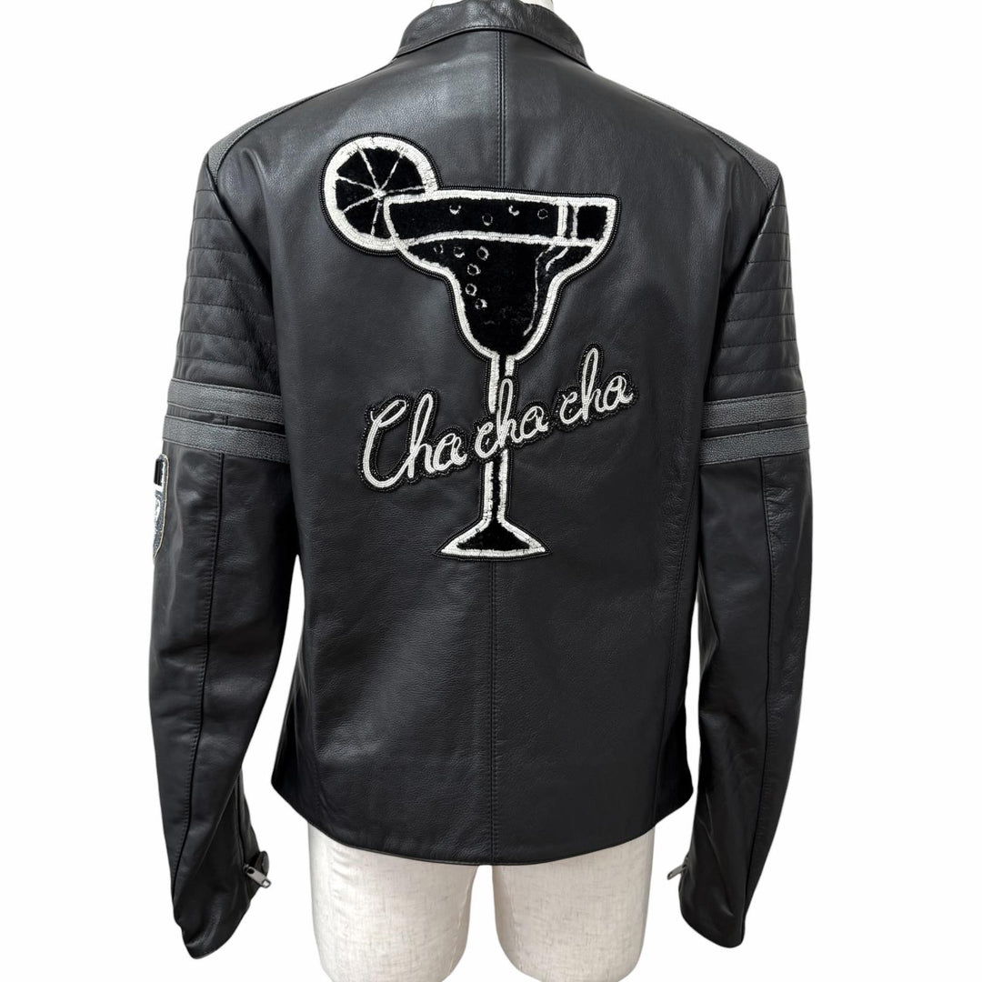 Excellent DOLCE&GABBANA leather jacket Embroidered Bijou Biker Jacket