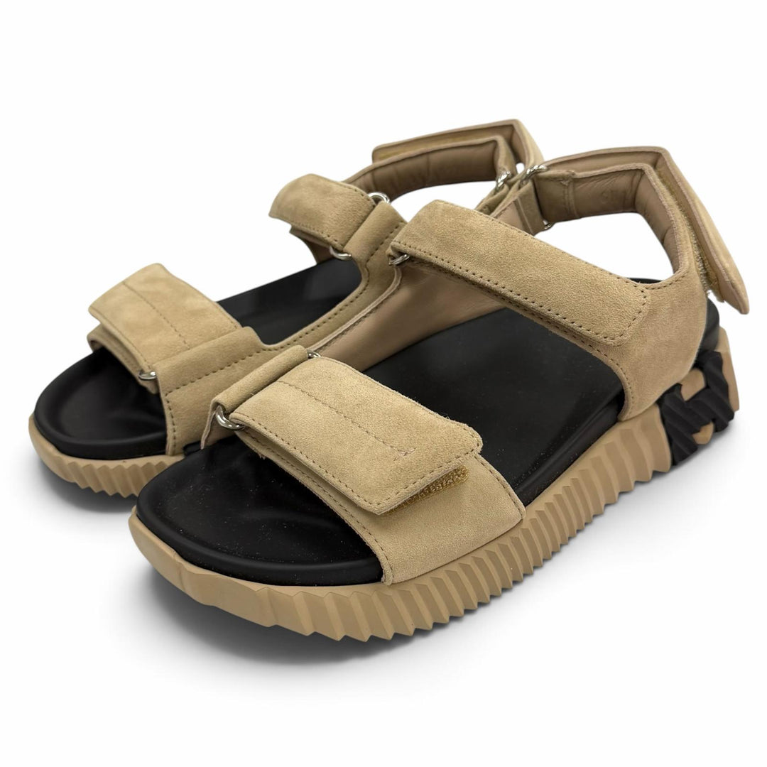 Pristine HERMES Sandals Junior Velcro suede leather flats beige Suede leather 36