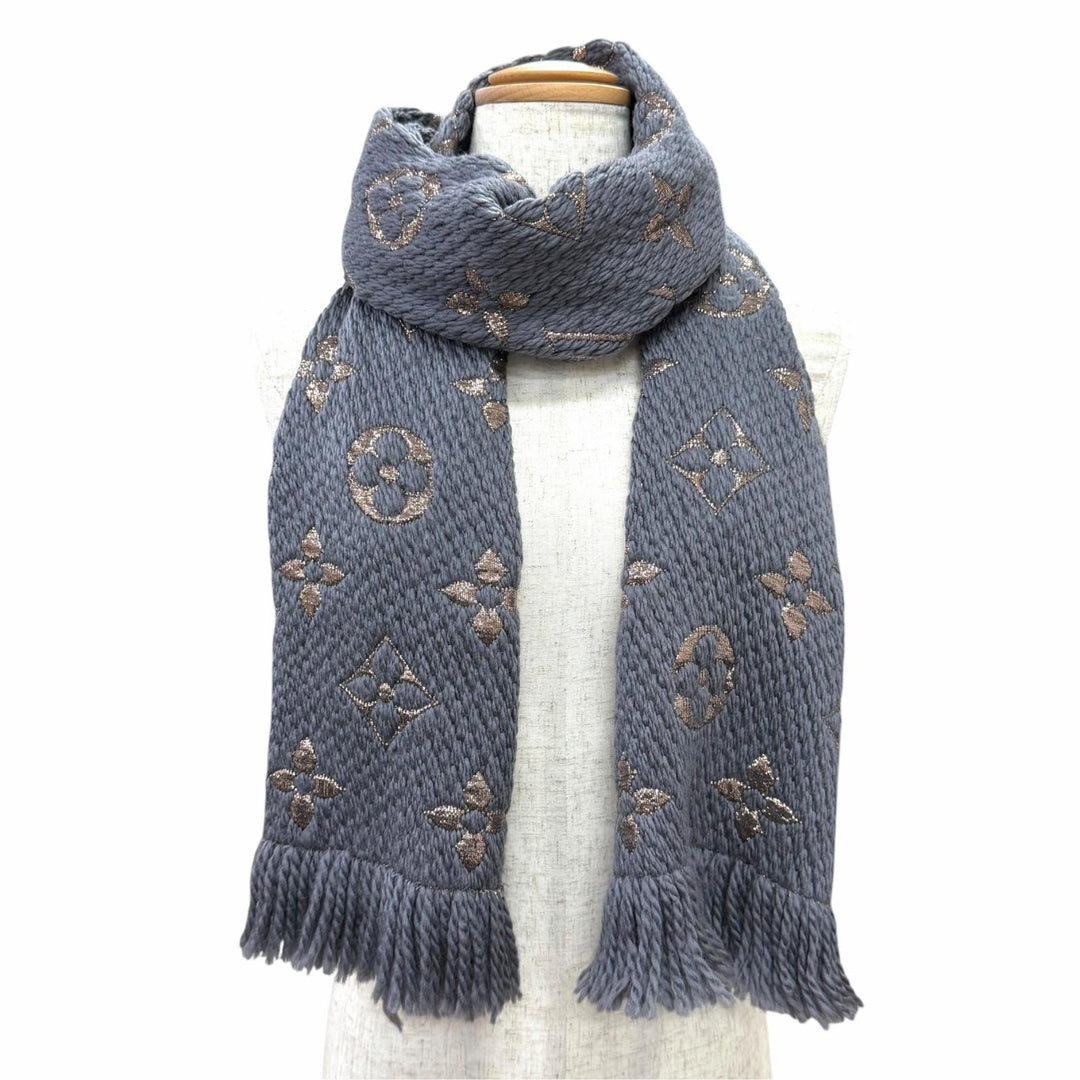 Great LOUIS VUITTON Scarf Escalp Logo Mania Shine Monogram fringe wool M70467
