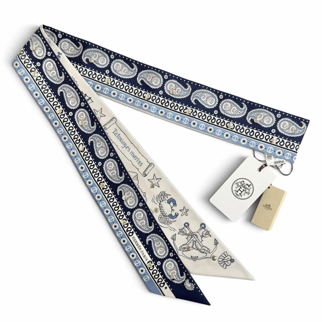 Pristine HERMES scarf Ruban Krooté Sailor's Tattoo Bandana silk Women H853374S
