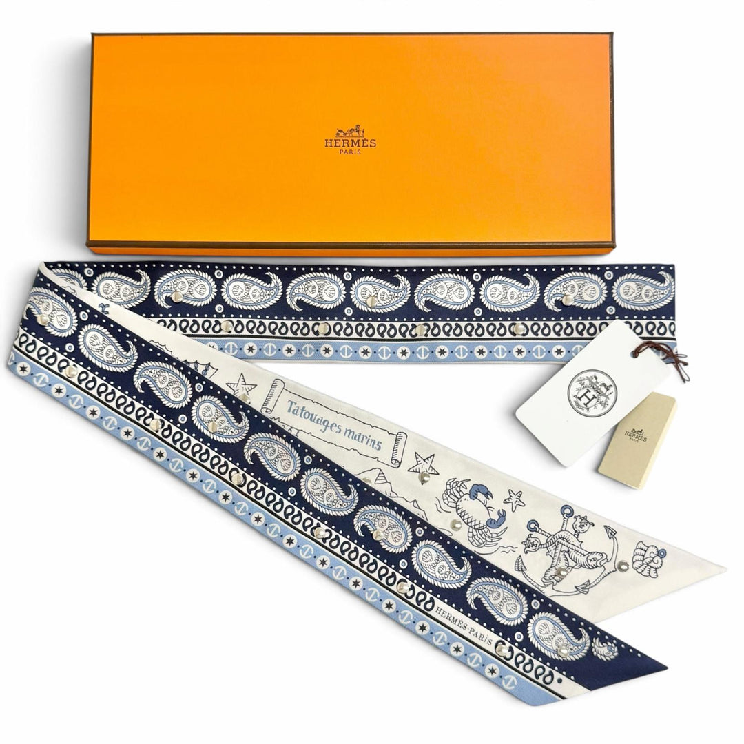 Pristine HERMES scarf Ruban Krooté Sailor's Tattoo Bandana silk Women H853374S