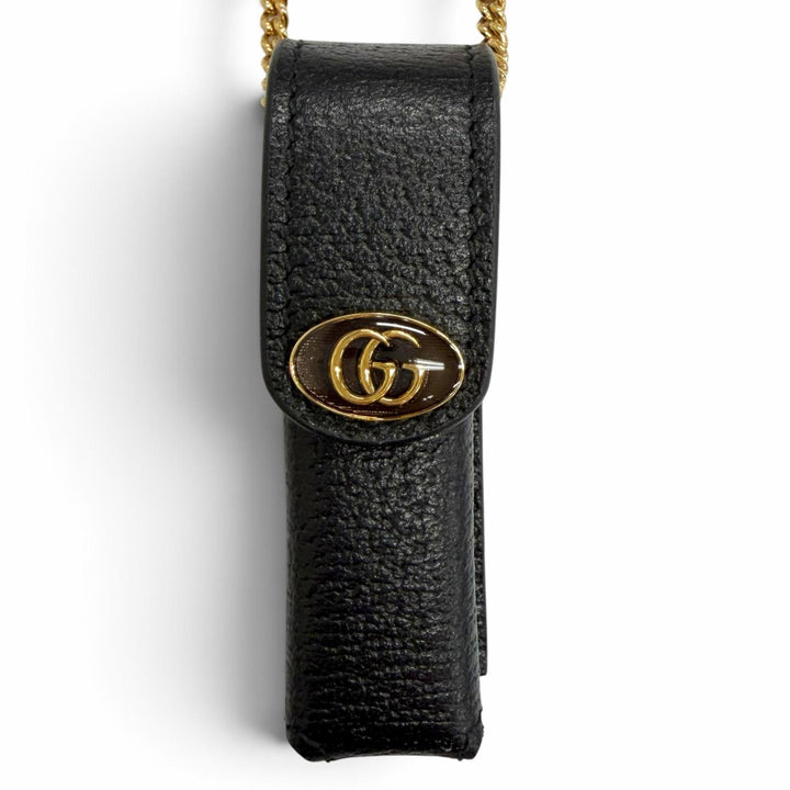 Excellent GUCCI GG Marmont Leather Lip Case with Chain black leather 615998
