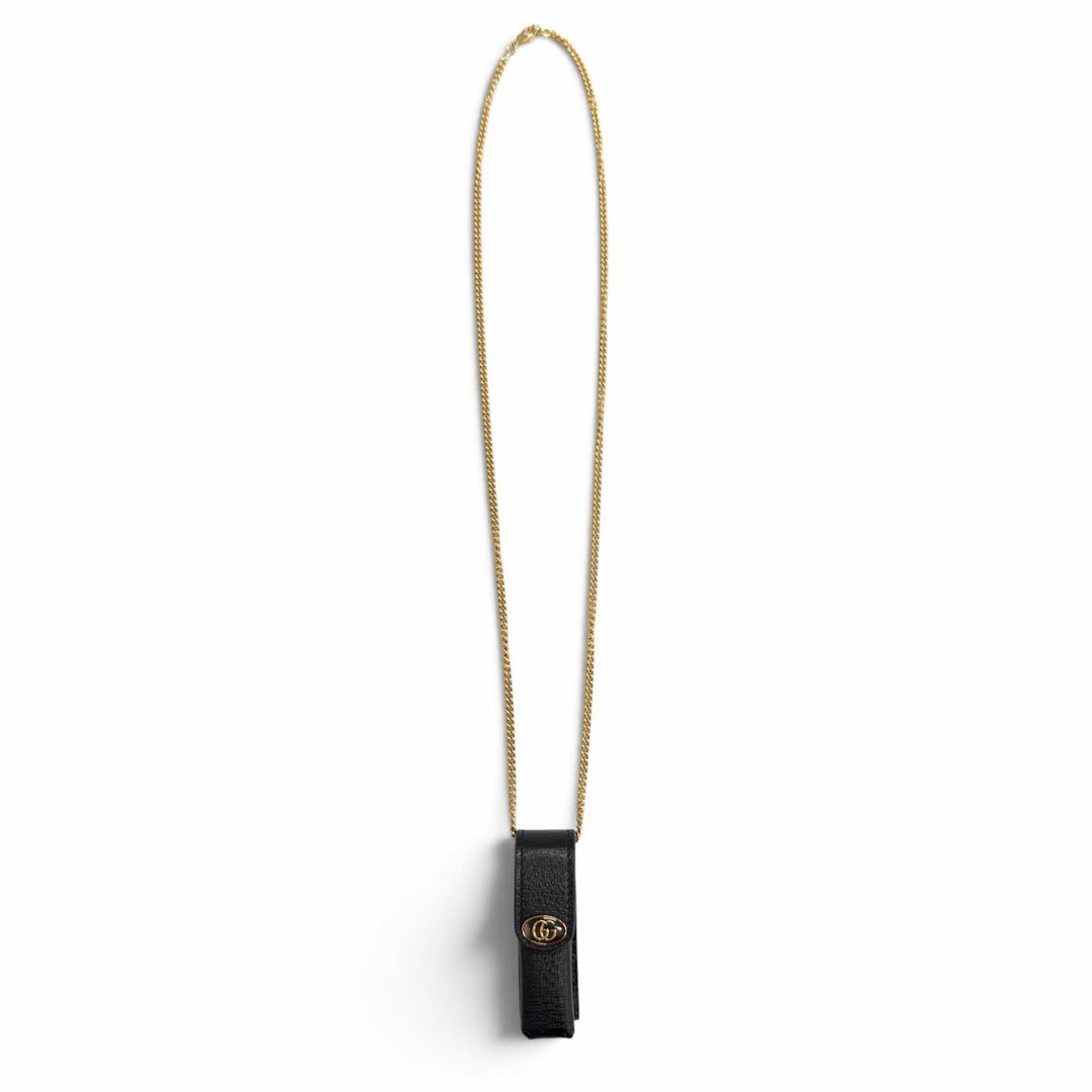 Excellent GUCCI GG Marmont Leather Lip Case with Chain black leather 615998