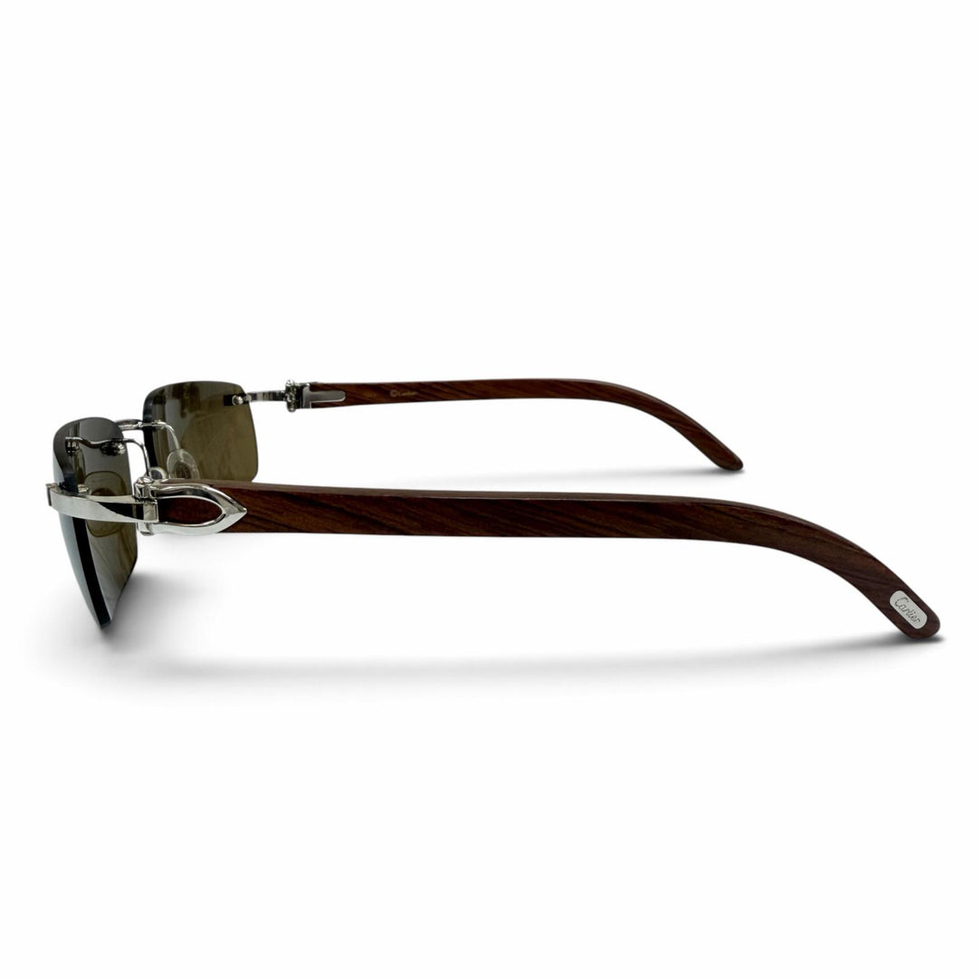 Great Cartier sunglasses Rimless Two-point wooden temples Brown mens 135b