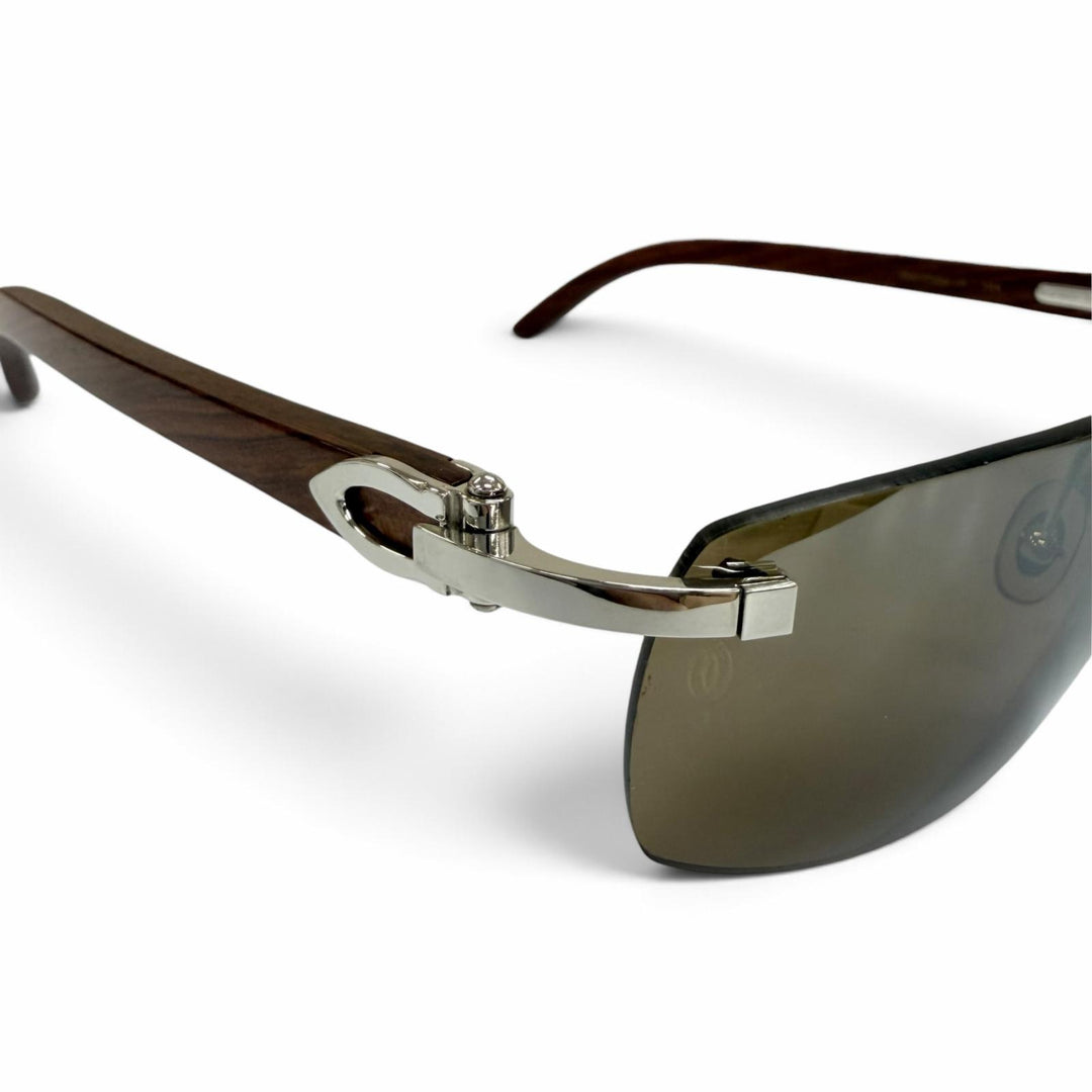 Great Cartier sunglasses Rimless Two-point wooden temples Brown mens 135b