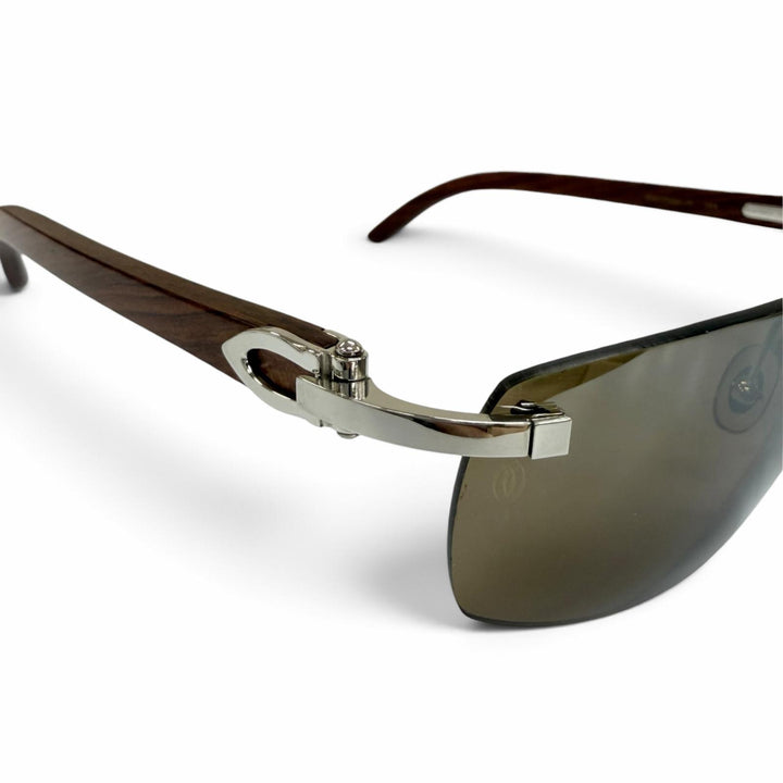 Great Cartier sunglasses Rimless Two-point wooden temples Brown mens 135b