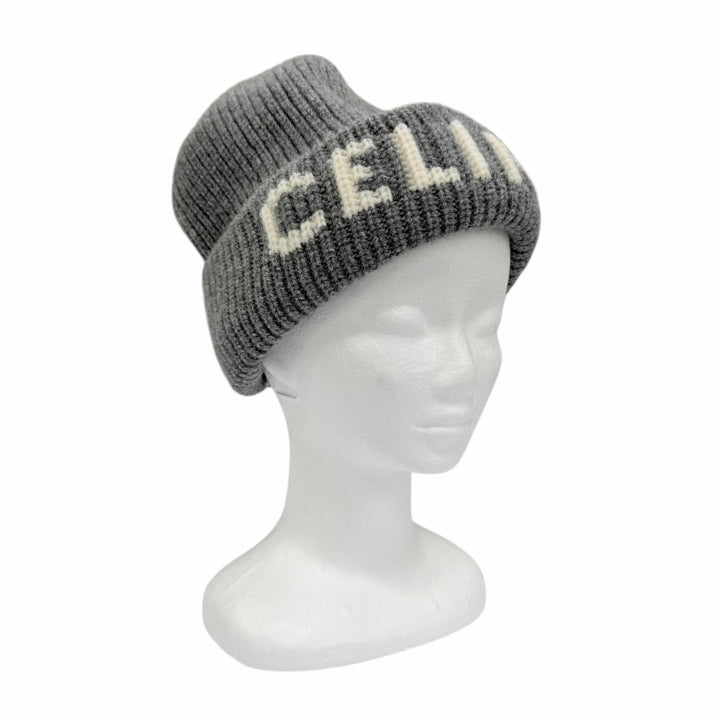 Great CELINE Knit cap logo beanie gray wool Women AA0H92193