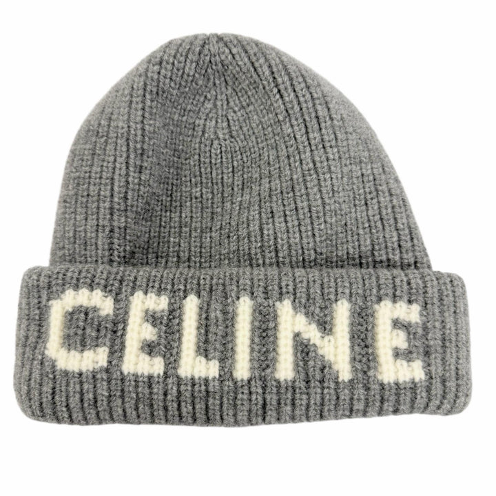 Great CELINE Knit cap logo beanie gray wool Women AA0H92193
