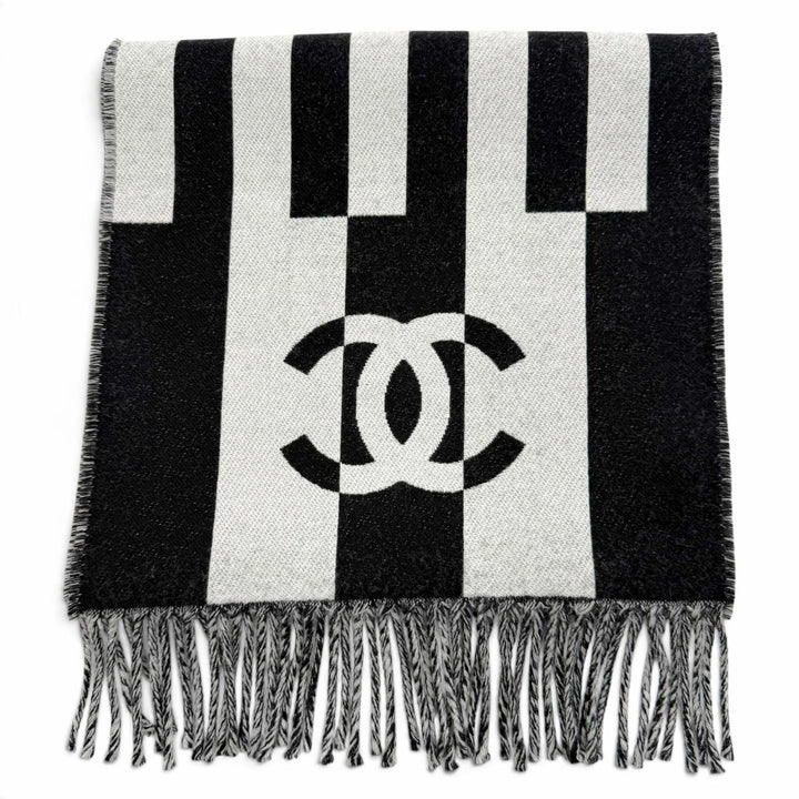 Excellent CHANEL Scarf COCO Mark Stripe Fringe black wool Women