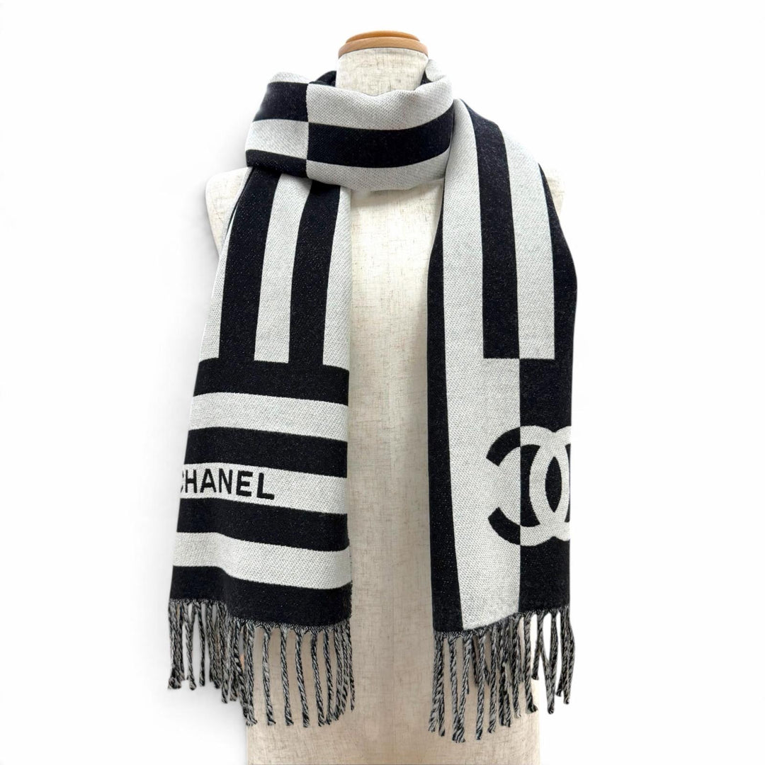 Excellent CHANEL Scarf COCO Mark Stripe Fringe black wool Women
