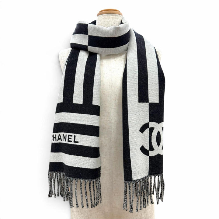 Excellent CHANEL Scarf COCO Mark Stripe Fringe black wool Women