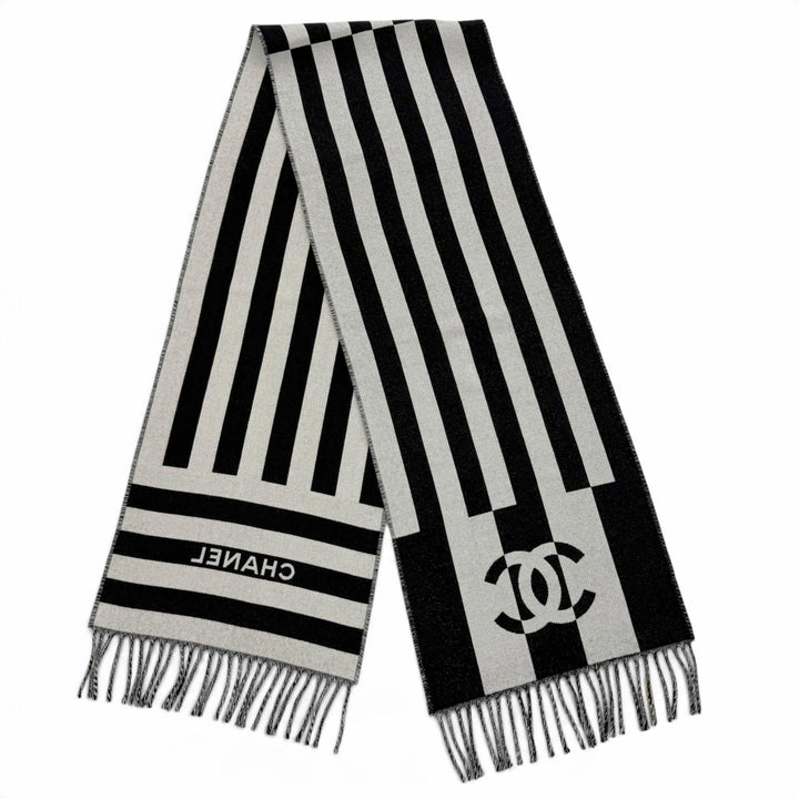Excellent CHANEL Scarf COCO Mark Stripe Fringe black wool Women