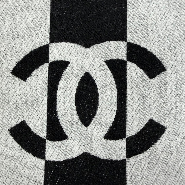 Excellent CHANEL Scarf COCO Mark Stripe Fringe black wool Women