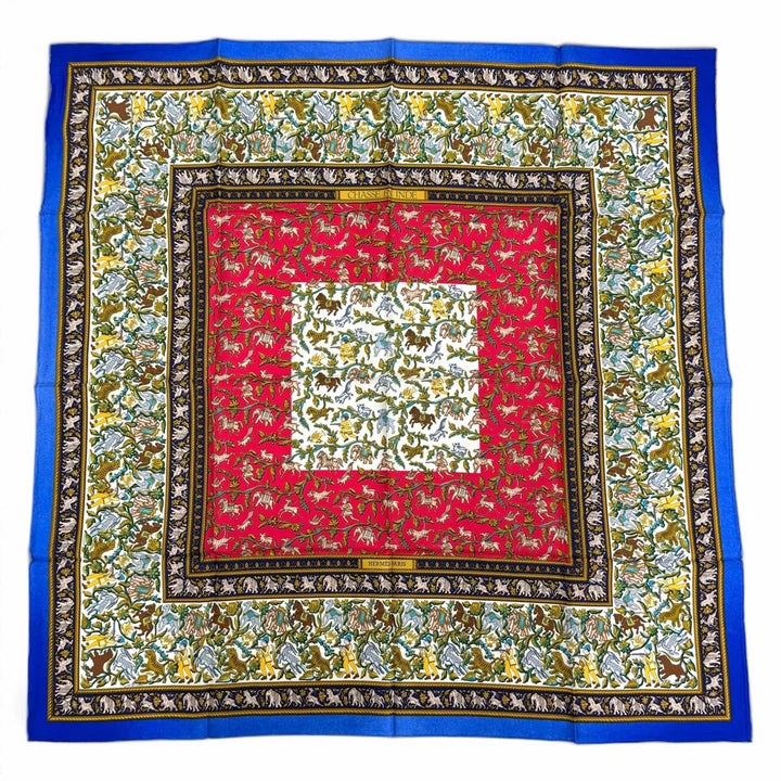 Pristine HERMES scarf CHASSE en INDE Hunting in India Calle 90 Blue Women