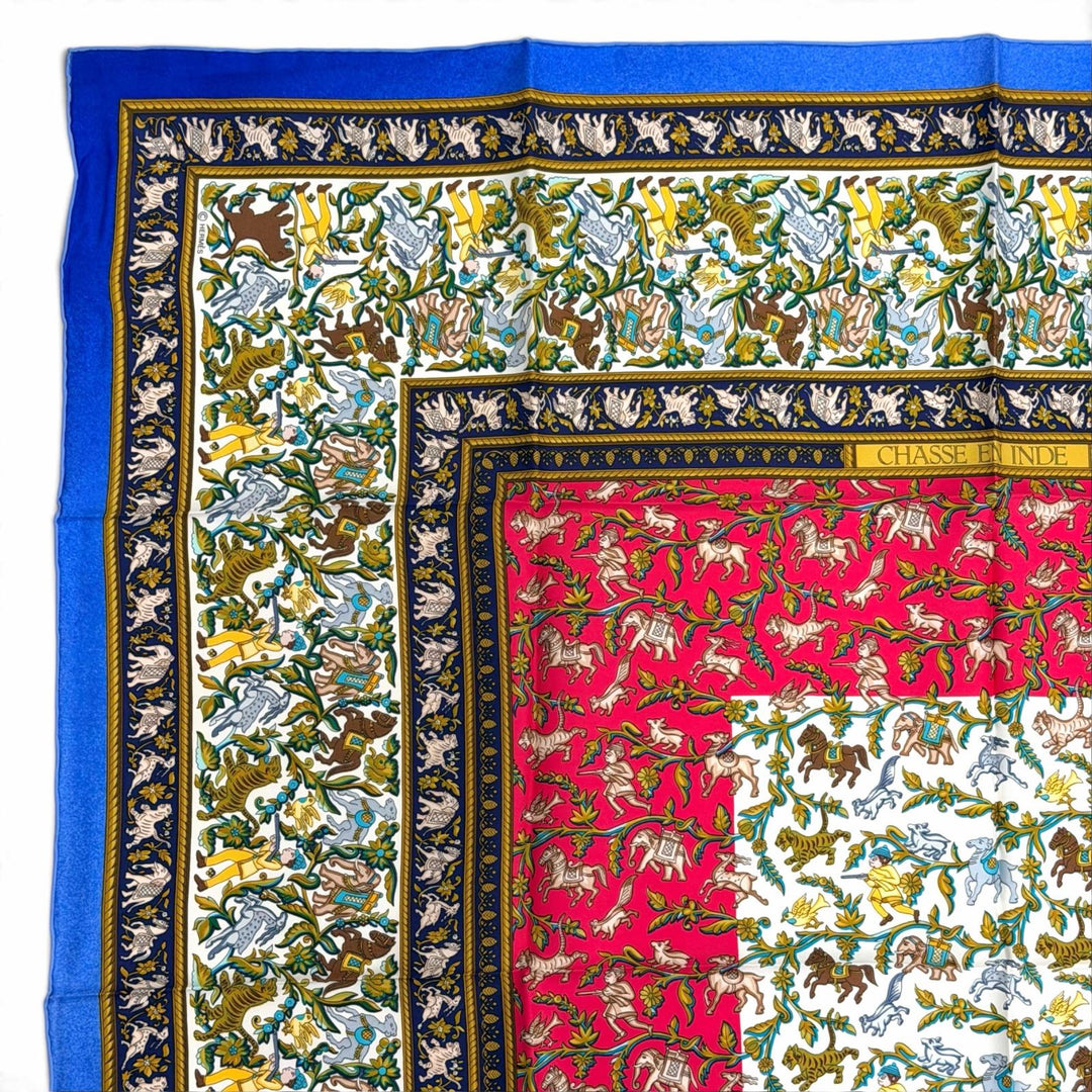 Pristine HERMES scarf CHASSE en INDE Hunting in India Calle 90 Blue Women