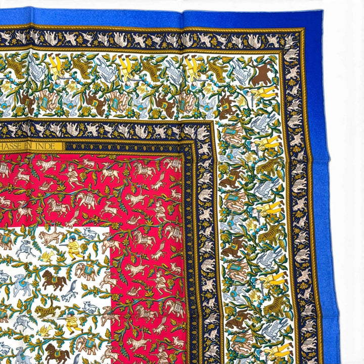 Pristine HERMES scarf CHASSE en INDE Hunting in India Calle 90 Blue Women