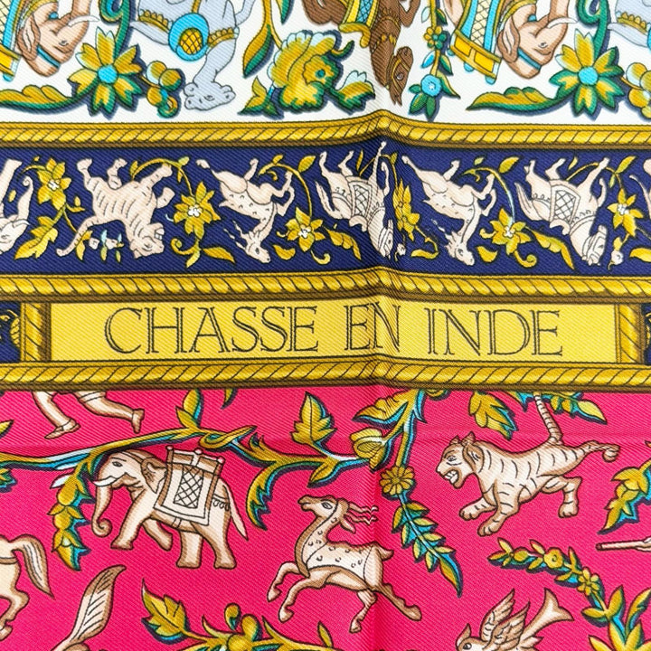 Pristine HERMES scarf CHASSE en INDE Hunting in India Calle 90 Blue Women