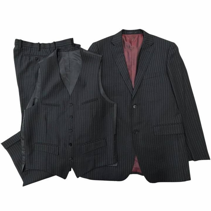 Excellent BURBERRY BLACK LABEL suit Stripe Pattern 3-Piece Set black wool mens L