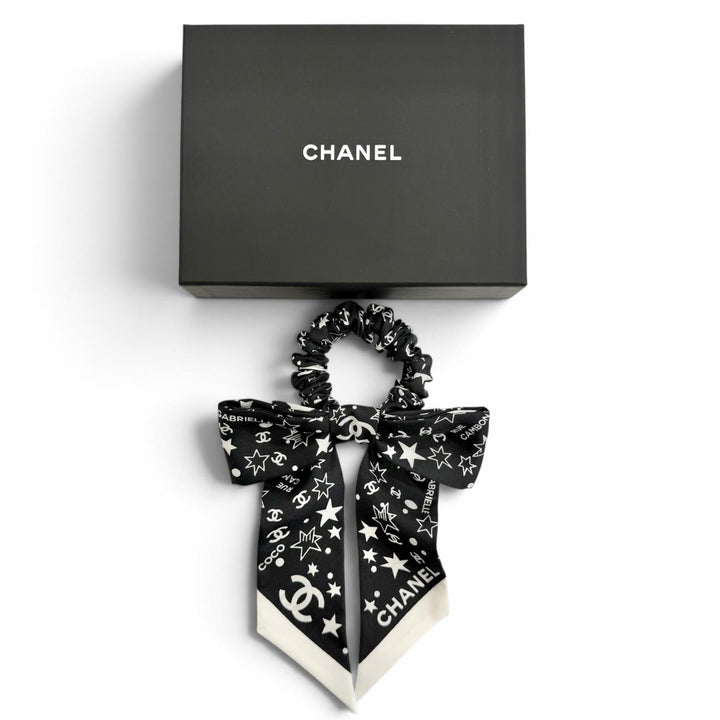 Excellent CHANEL Shush COCO Mark Logo Star Ribbon black silk Women AAA746