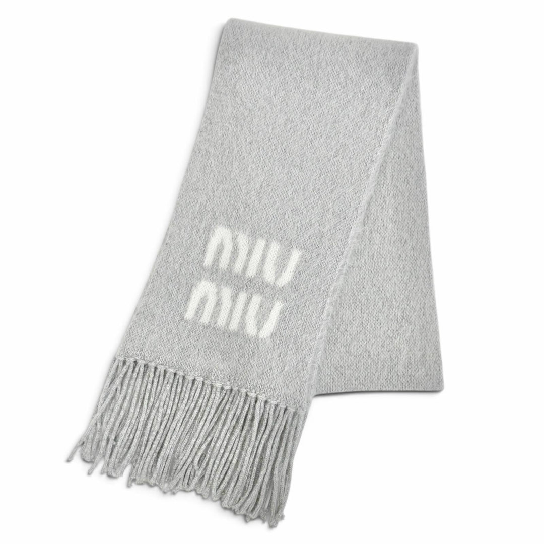 Great MIUMIU Scarf Logo Fringe Long gray mohair Women 5FS062