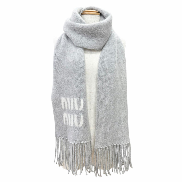 Great MIUMIU Scarf Logo Fringe Long gray mohair Women 5FS062