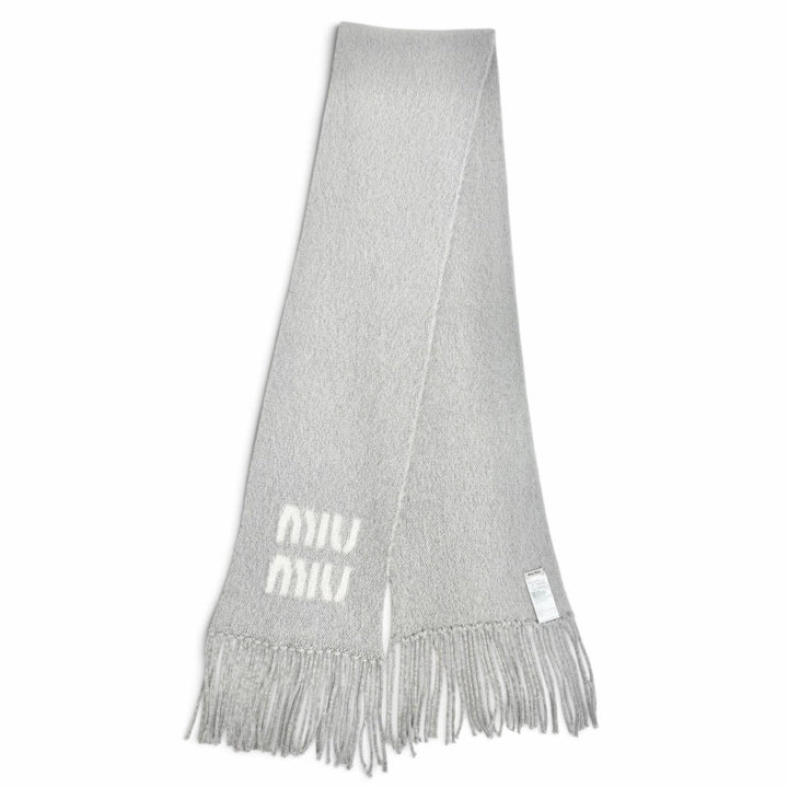 Great MIUMIU Scarf Logo Fringe Long gray mohair Women 5FS062