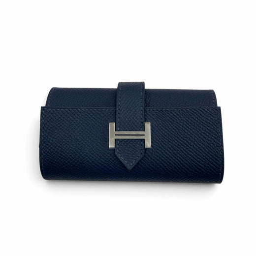 Excellent HERMES Key holder Bean H logo (4-row) Blue navy Epsom Leather mens