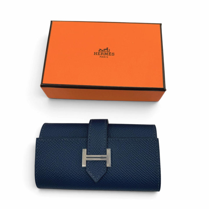 Excellent HERMES Key holder Bean H logo (4-row) Blue navy Epsom Leather mens