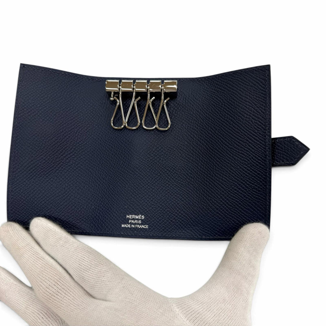 Excellent HERMES Key holder Bean H logo (4-row) Blue navy Epsom Leather mens