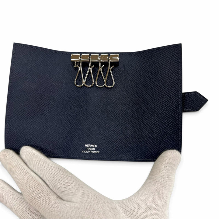Excellent HERMES Key holder Bean H logo (4-row) Blue navy Epsom Leather mens