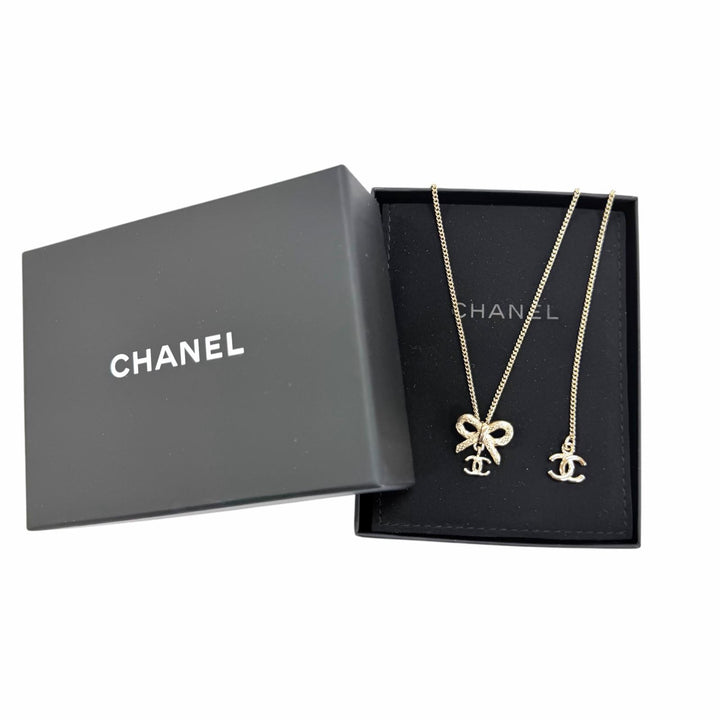 Excellent CHANEL Necklace COCO Mark Ribbon 2-Way Accessory gold Women B25K