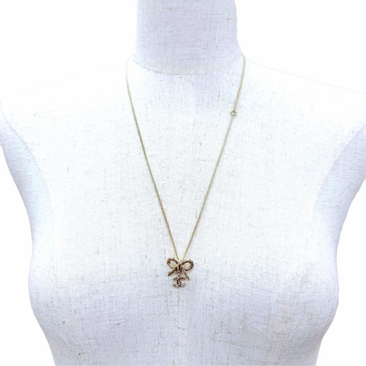 Excellent CHANEL Necklace COCO Mark Ribbon 2-Way Accessory gold Women B25K