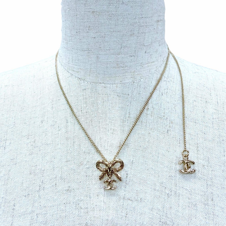 Excellent CHANEL Necklace COCO Mark Ribbon 2-Way Accessory gold Women B25K